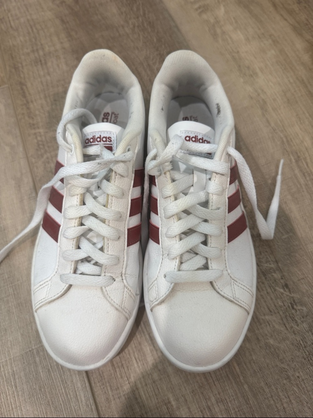 Adidas White Sneakers with Burgundy Three-Stripes